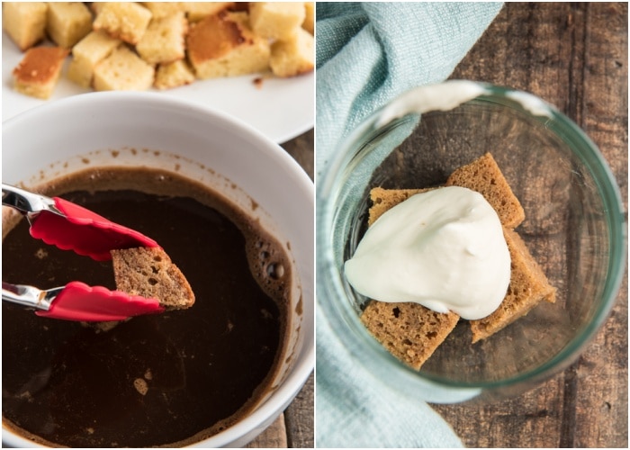 Dipping the cake in coffee and layering in the glass.