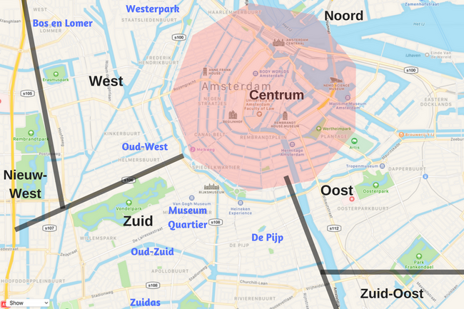 Map of Amsterdam highlighting the central districts and neighborhoods, a useful guide for anyone considering where to stay in Amsterdam.
