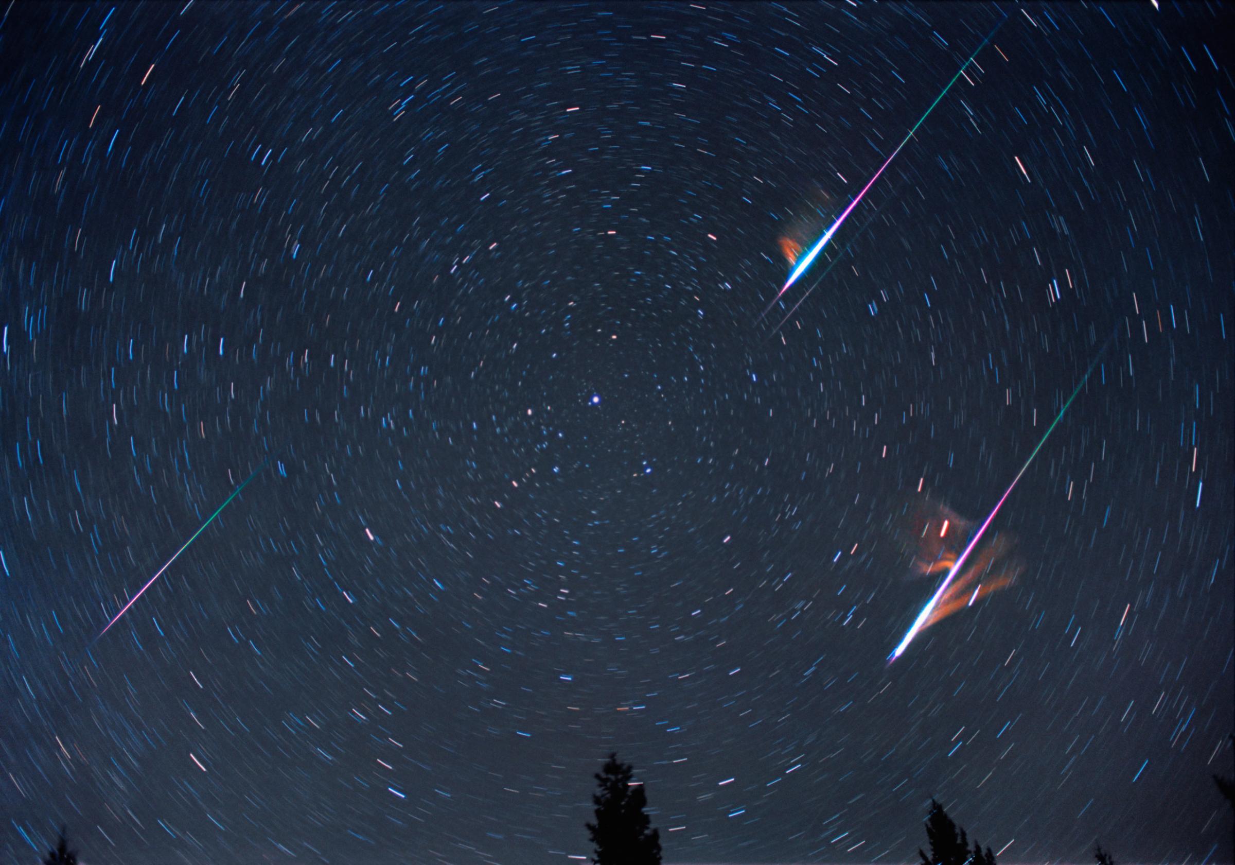 A Leonid meteor shower, centered on Polaris, the North Star.