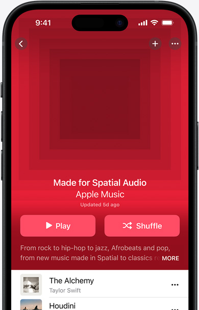 iPhone screen with Made for Spatial Audio playlist cover art in the Apple Music app