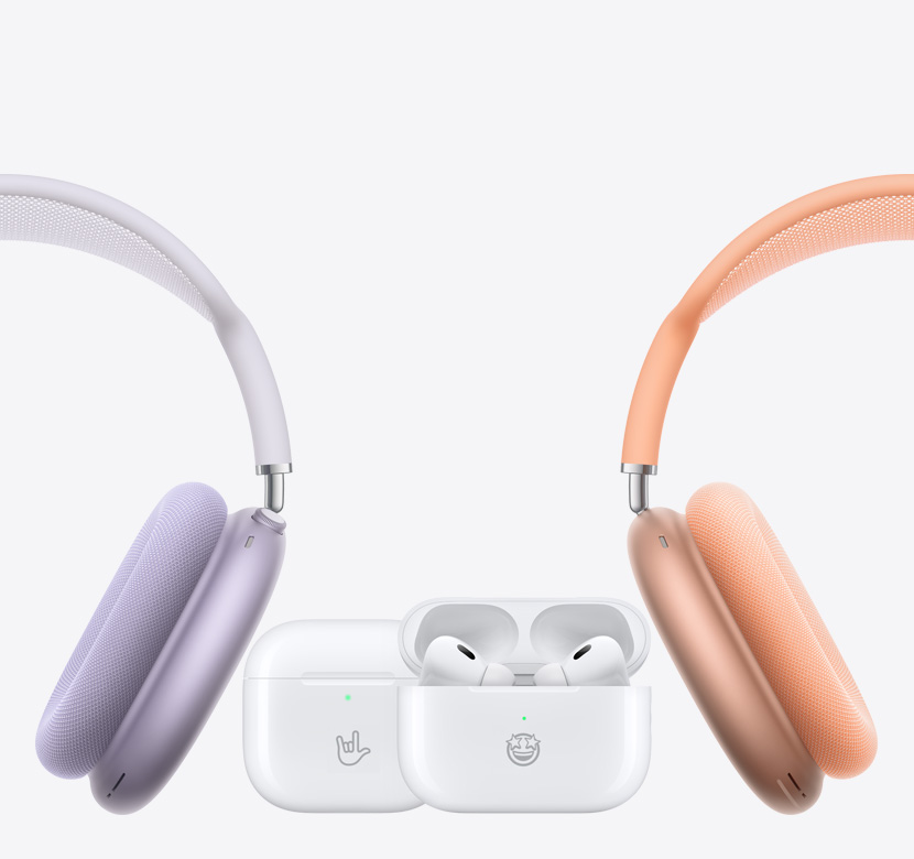 AirPods Max on left and right with AirPods 4 and AirPods Pro 2 in the center.