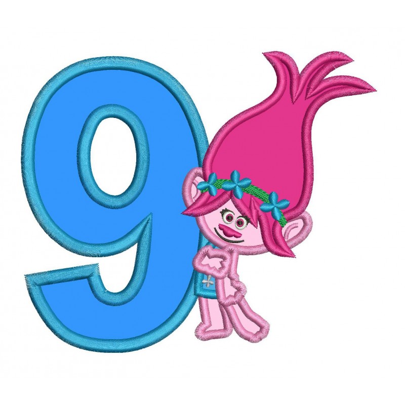 9th Birthday Poppy Troll Applique Design