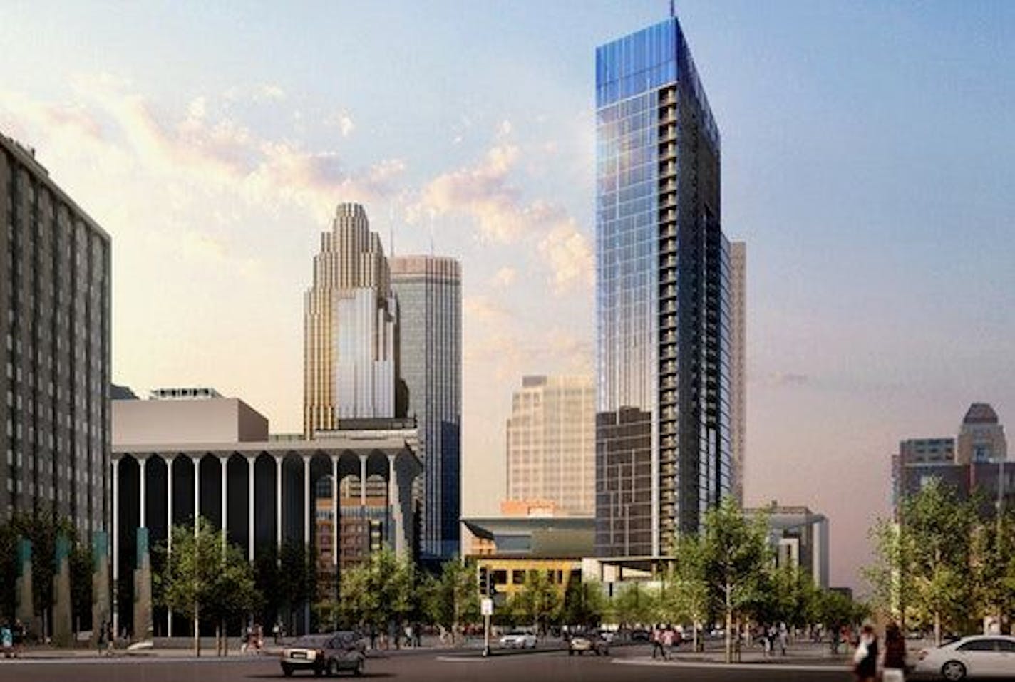 A 2015 rendering of the tower planned for the Nicollet Hotel Block.