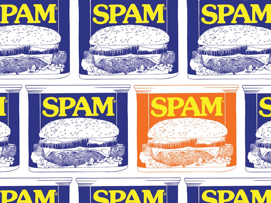 Multiple stacked cans of SPAM with one in an alternate color