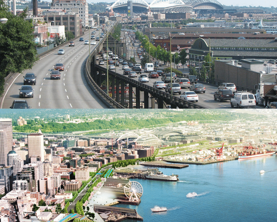 Alaskan Way Viaduct Before and After, Seattle, Washington