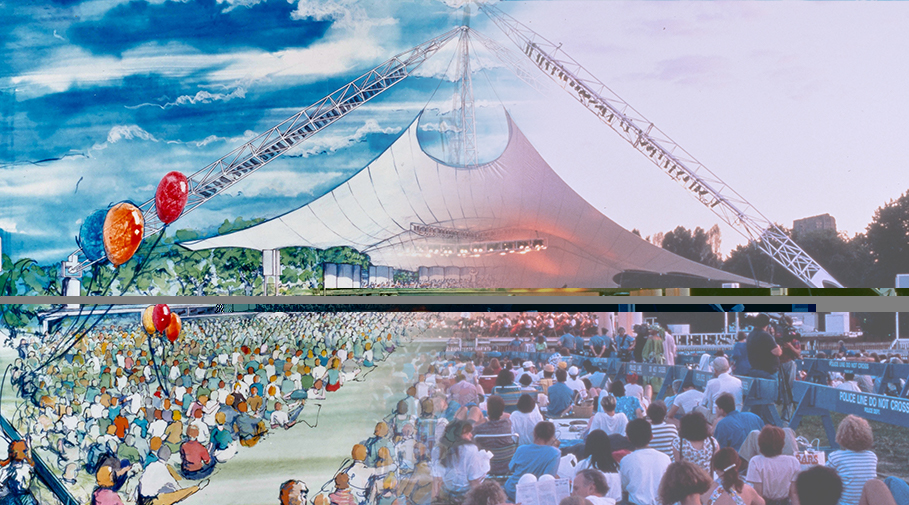 Collage of a drawing and photo of a Concerts in the Parks event.