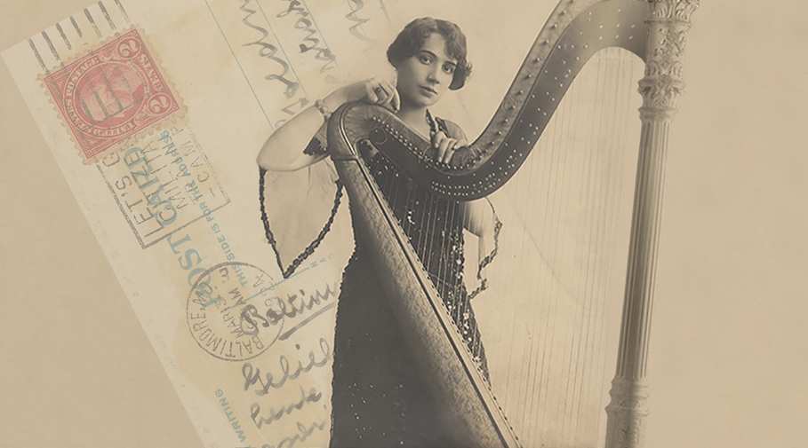 Photo of harpist Steffy Goldner with harp.