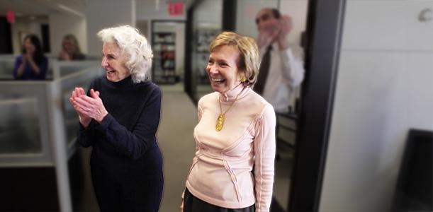 Photo of Liz Moynihan and Shelby White at the Leon Levy Foundation offices in 2014.