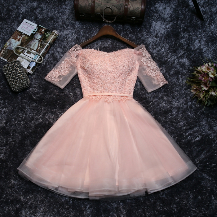 robe tutu rose, robe de soirée courte chic, manches courtes en tulle et dentelle