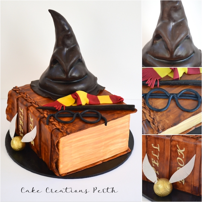 one tier cake int he shape of spell book, happy birthday harry potter cake, gryffindor scarf and glasses, wand and sorting hat on top