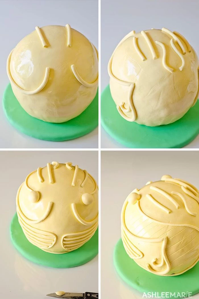 harry potter birthday cake, photo collage of step by step diy tutorial, how to decorate the cake, golden snitch cake