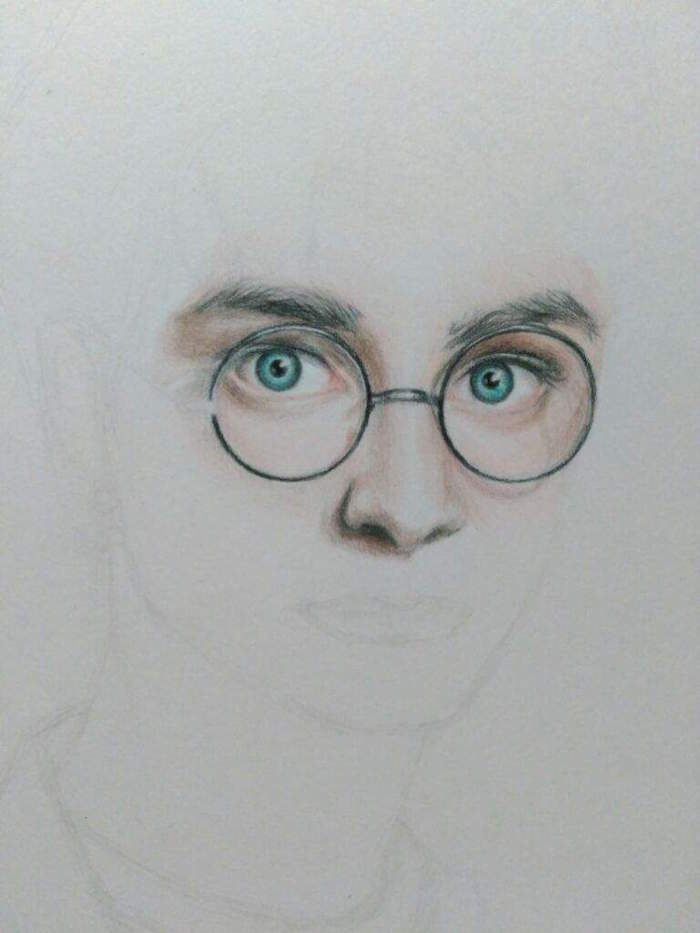 black and white pencil outline, blue eyes with glasses, harry potter drawings easy, step by step diy tutorial