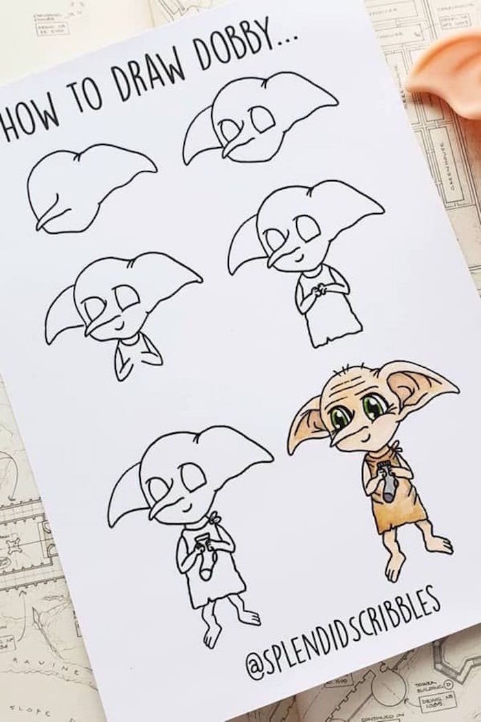 how to draw dobby, step by step diy tutorial, six step tutorial, how to draw hermione granger, white backgorund