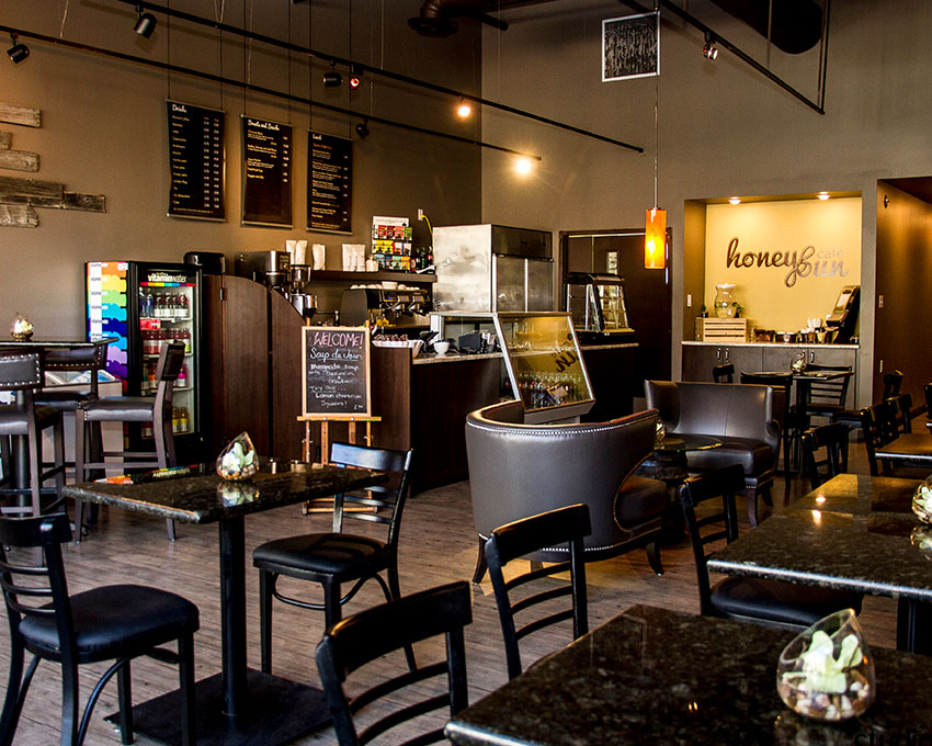 Inside view of Honey Bun Cafe with tables and chairs