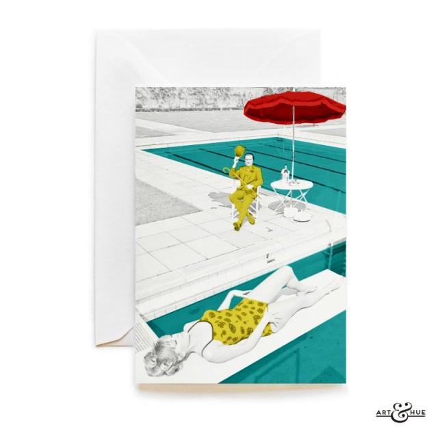 Poolside Greeting Card The Avengers John Steed Patrick Macnee and Edina Ronay sunbathing