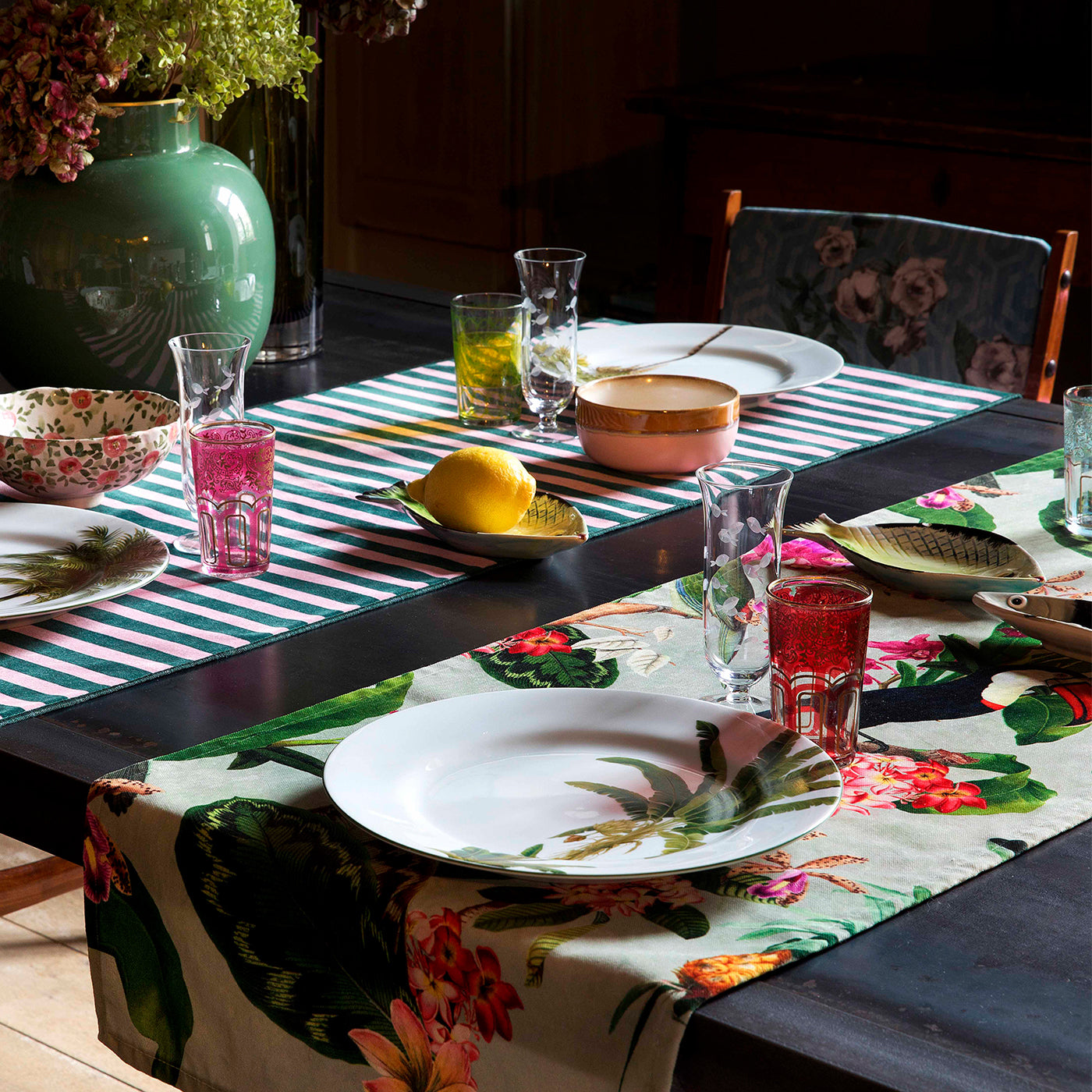 Stripe Forest-Green & Pink Table Runner - Alternative view 1