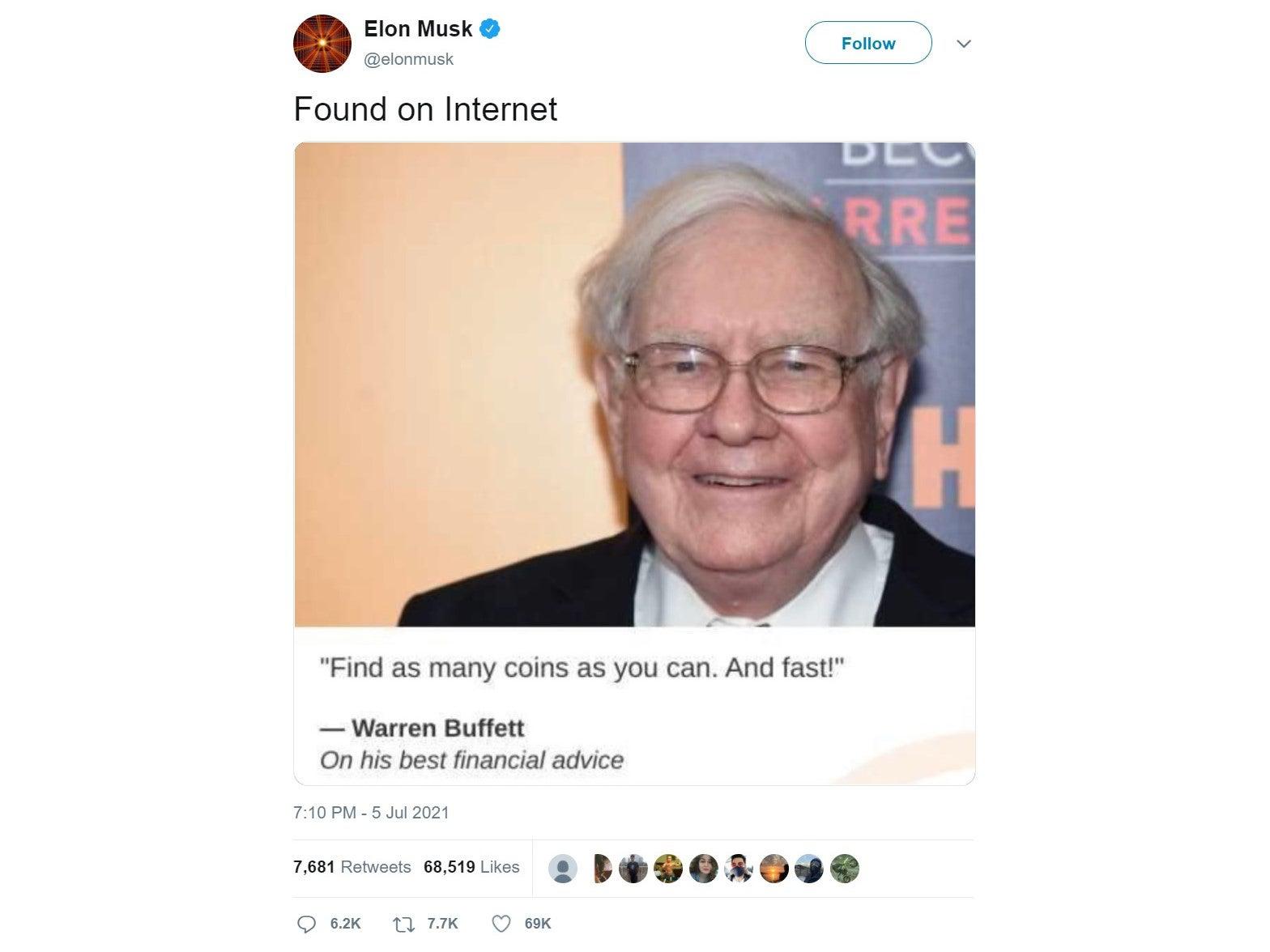 Elon Musk deleted this tweet of a seemingly fake quote from Warren Buffett about cryptocurrency (Twitter/ WayBackMachine)