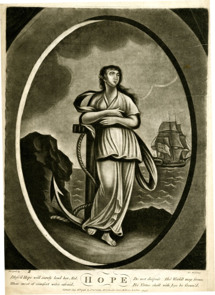 Allegorical female figure, shown full-length standing on a sea-shore, leaning on an anchor, looking up to right; rocks to left and a ship flying the Union Jack in the background; in an oval frame; from a set of Faith, Hope and Charity; re-issued state with number added and reworked. 16 July 1798 Mezzotint with some etching