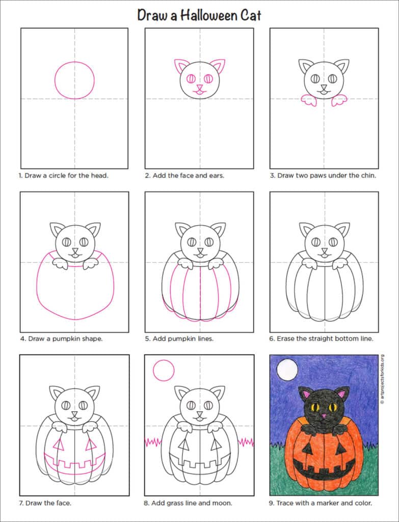 A step by step tutorial for how to draw an easy Halloween Cat, which is available as a free printable.