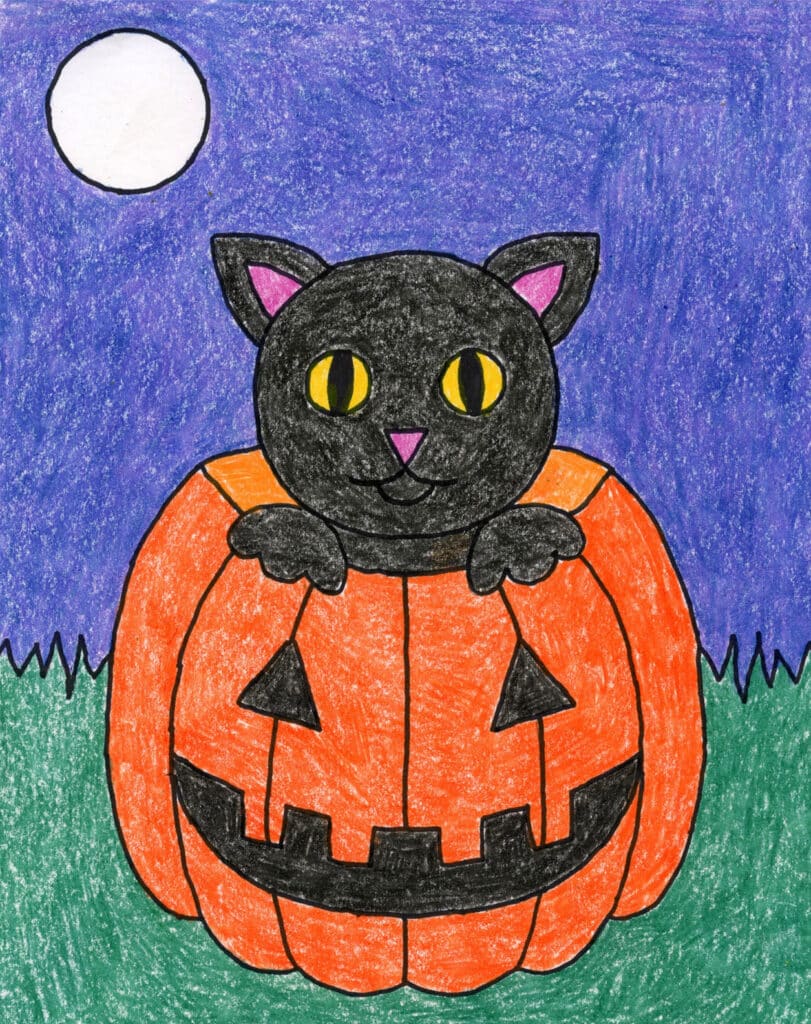 A Halloween cat coloring page, available as a free printable.