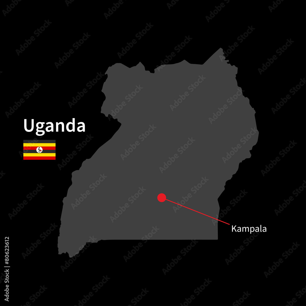 Detailed map of Uganda and capital city Kampala with flag on