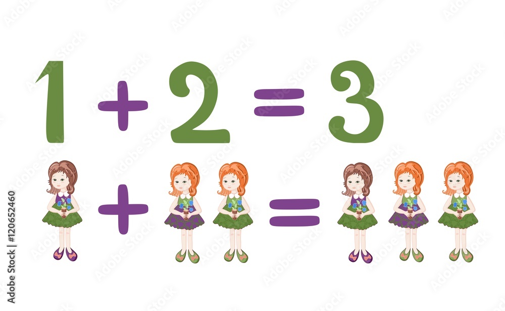 Cartoon illustration of mathematical addition and subtraction. Examples with cute little girls. Educational game for children.