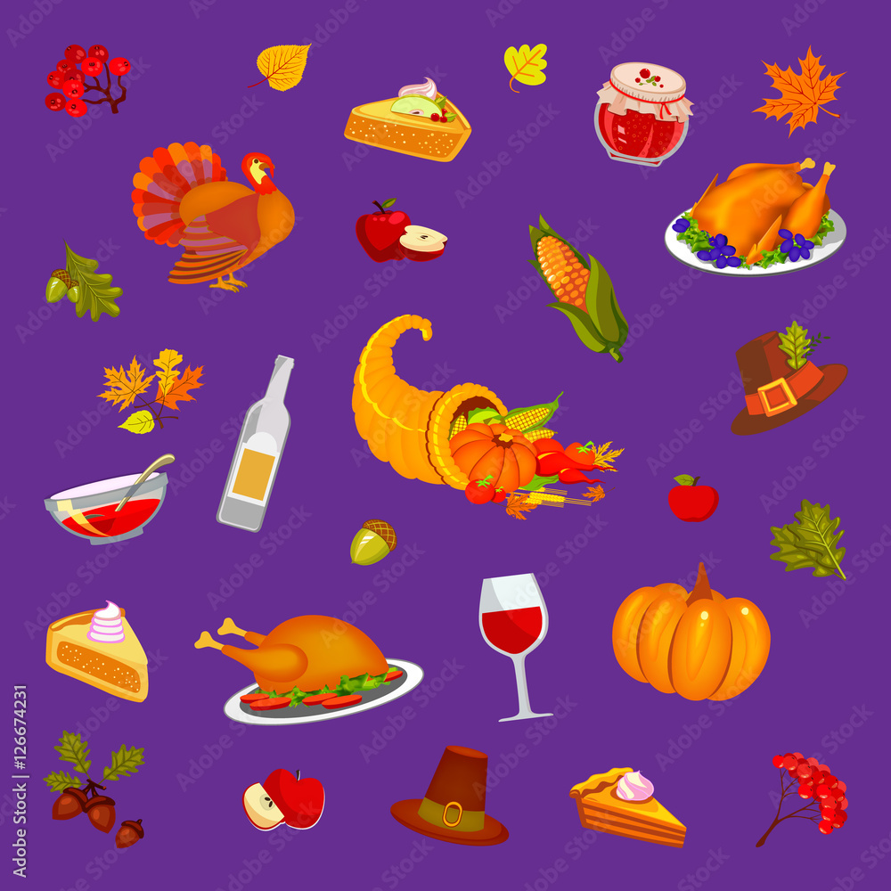 Thanksgiving Day, purple background, illustration. Food and beverages, vegetables, fruit.