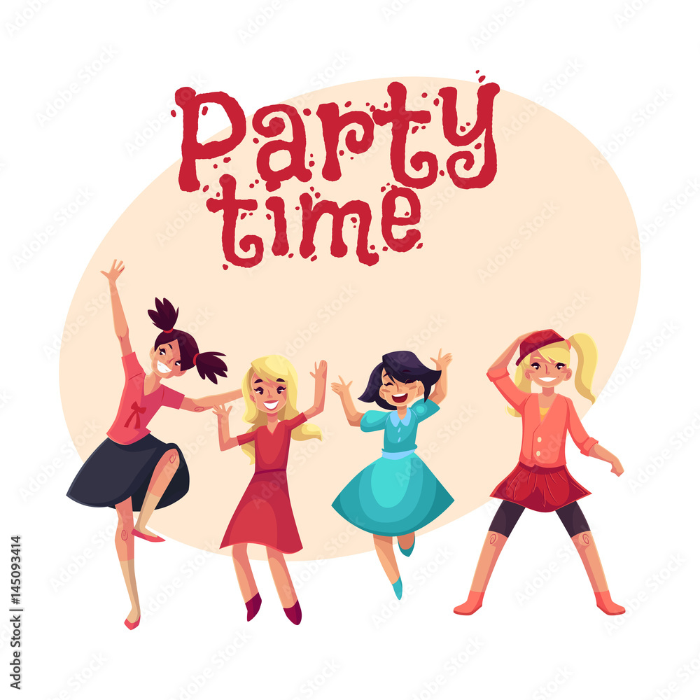 Four various girls in colorful clothes having fun, dancing at party, ,cartoon style invitation, banner, poster, greeting card design. Party invitation, advertisement, happy girls, having fun, dancing