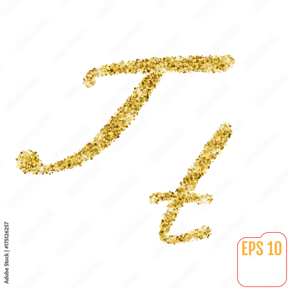 Gold rush. Gold alphabetic letter t. Vector gold alphabet. Font with golden glitter. Letter "t" on white background.