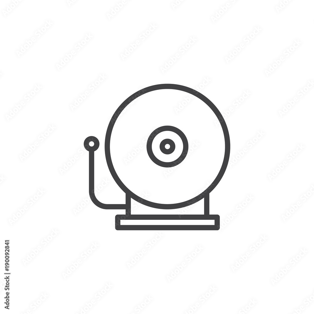 Fire alarm bell line icon, outline vector sign, linear style pictogram isolated on white. Alarm sound symbol, logo illustration. Editable stroke