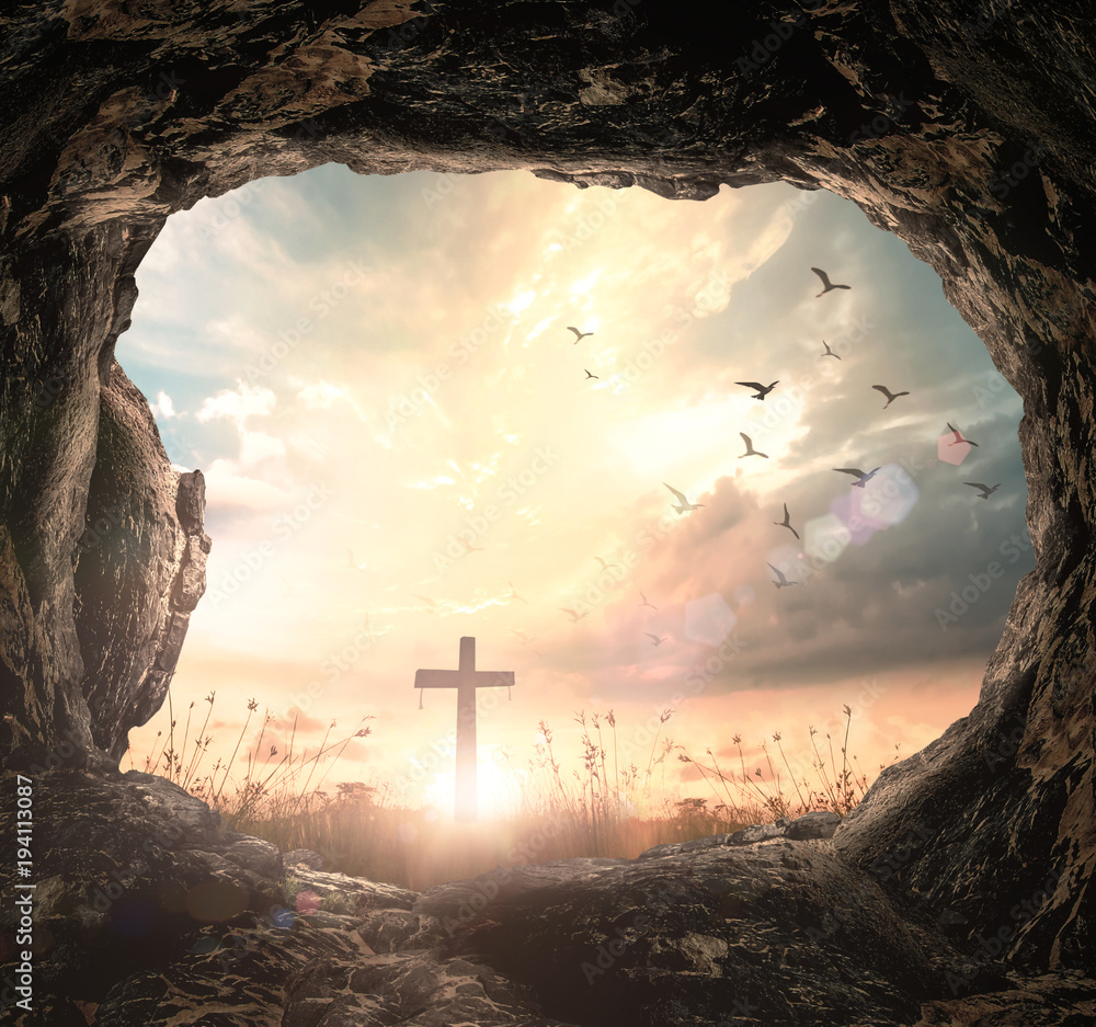 Good Friday concept: Empty tomb with cross symbol for Jesus Christ is risen