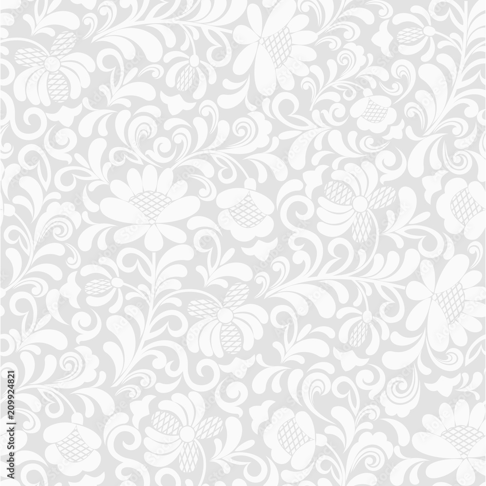 Seamless grey background with white floral pattern. Vector retro illustration. Ideal for printing on fabric or paper for wallpapers, textile, wrapping.