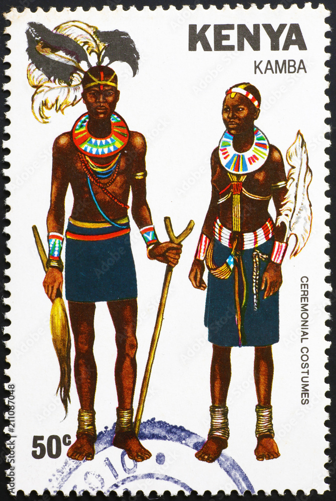 Ceremonial costumes of Kamba tribe on kenyan stamp