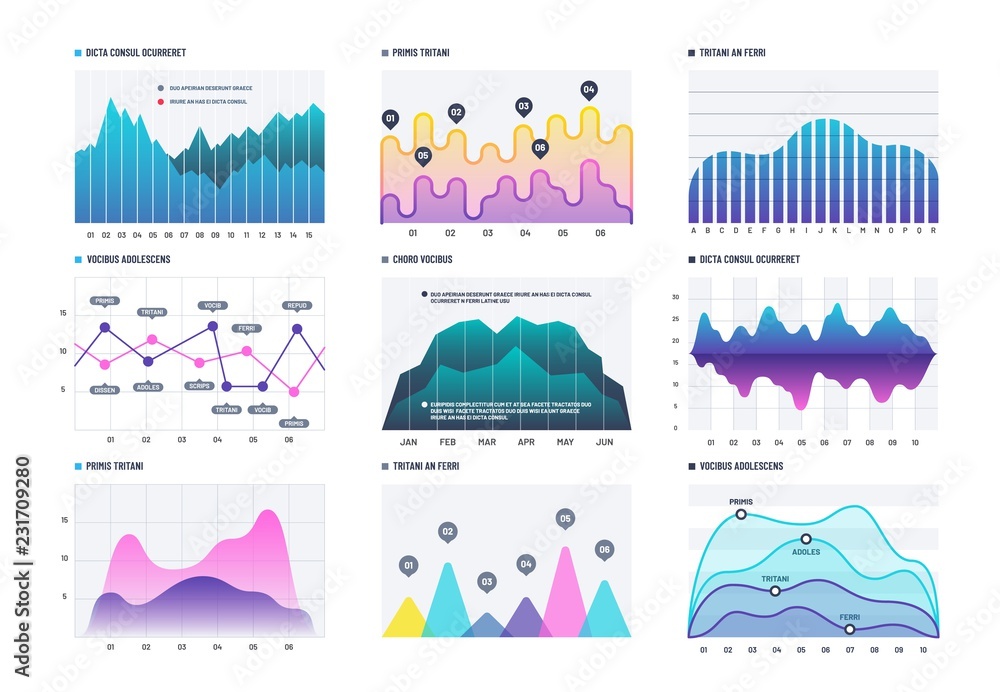 Infographic diagram. Statistics bar graphs, economic diagrams and stock charts. Marketing infographics vector elements. Business chart diagram, graph line curve, wave up and down figure illustration