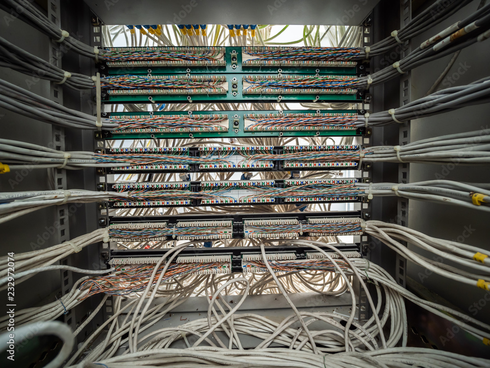 Network cable and patch panel in rack cabinet