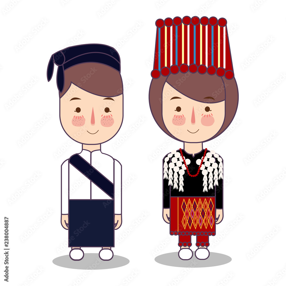 Kachin Myanmar traditional national clothes south east asia. Set of cartoon characters in traditional costume. Cute people. flat illustrations.