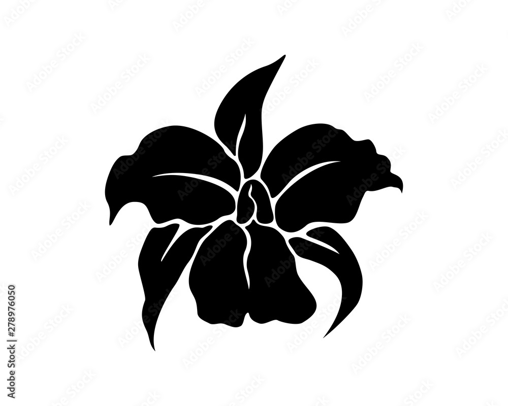 Drawing of an orchid flower, black silhouette, vector illustration