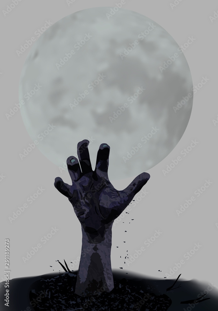 Zombie hand rising from the grave and full moon isolated on grey background. Element design for Halloween. Vector