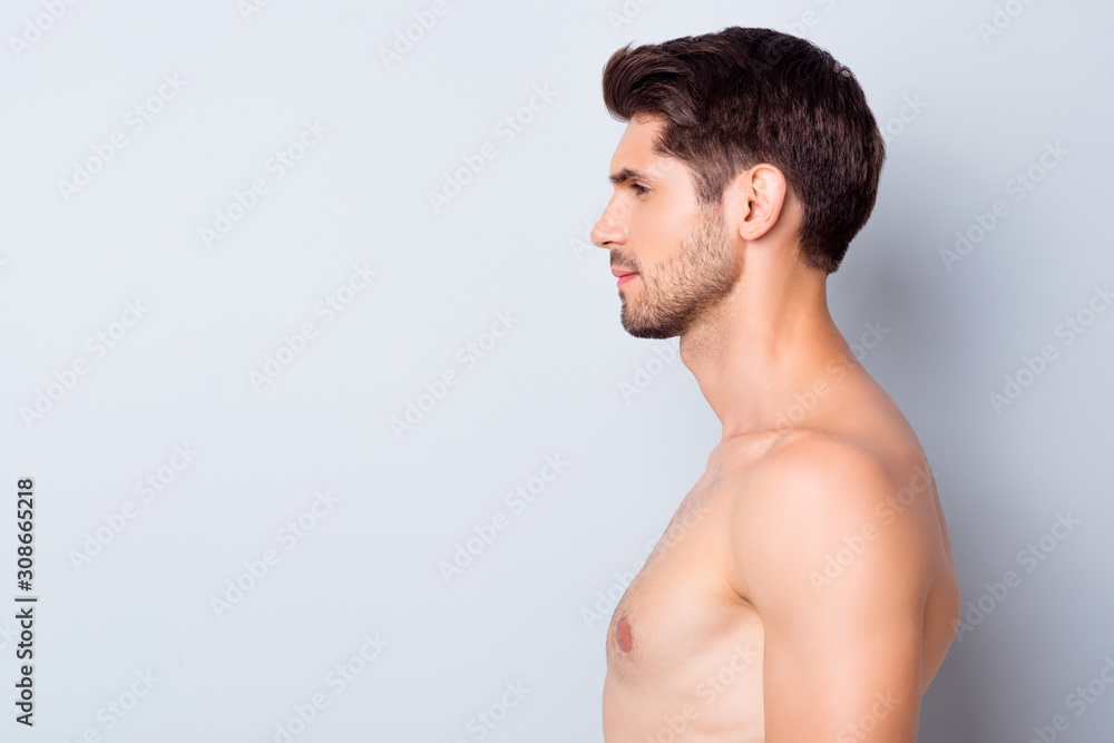 Close-up profile side view portrait of his he nice attractive content well-groomed calm brunette guy perfect smooth soft skin spa therapy isolated over light white grey color pastel background