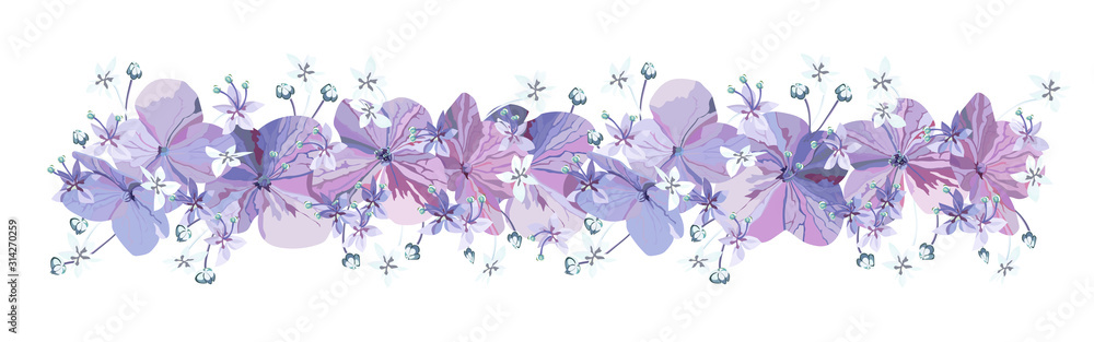 Decorative Floral border with purple flowers with buds and small light blue florets on white background.