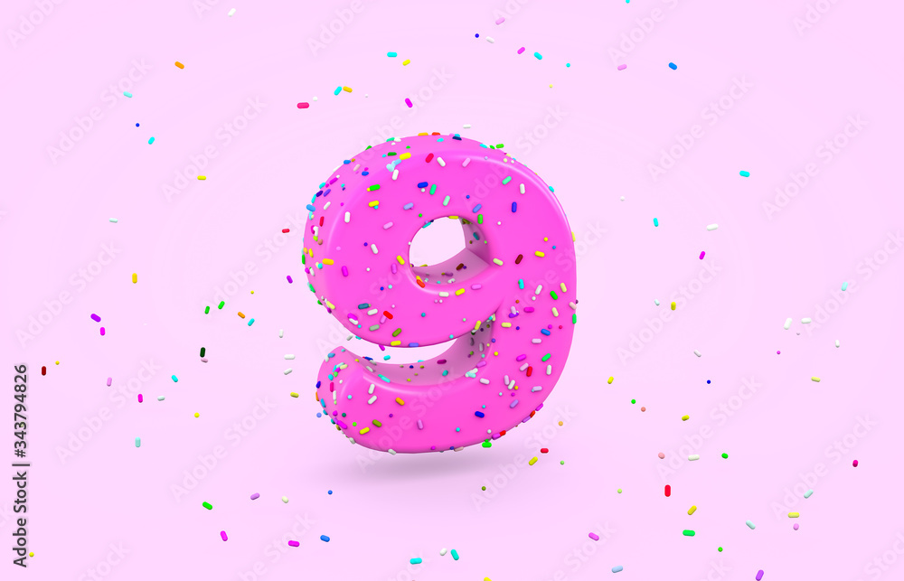 Glazed donut Font with colorful sugar sprinkles. 3d number 9 font render on isolated background.