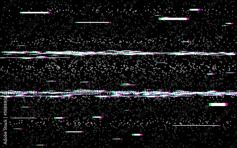 Glitch rewind on black backdrop. VHS background with stereo distortion. Old camera effect. Retro tape template. Random shapes and lines noise. Vector illustration