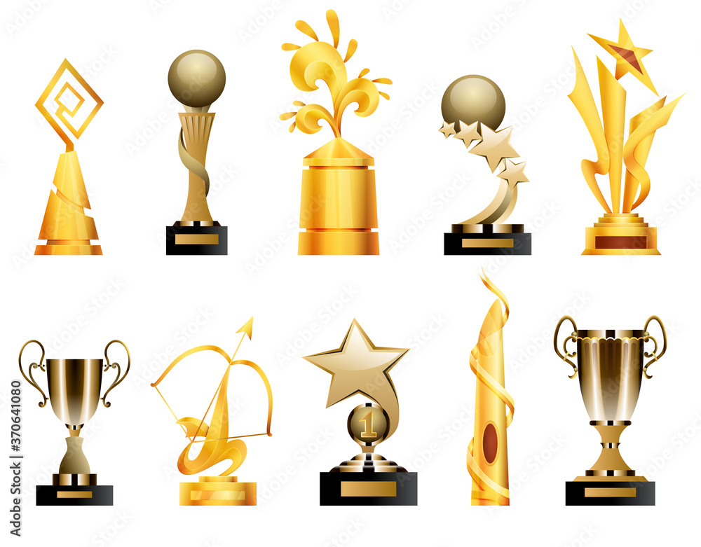 Awards and trophy cups. Triumph sport awards and prizes, winner trophy gold cup illustration. Best competition achievements. Awards in different shapes