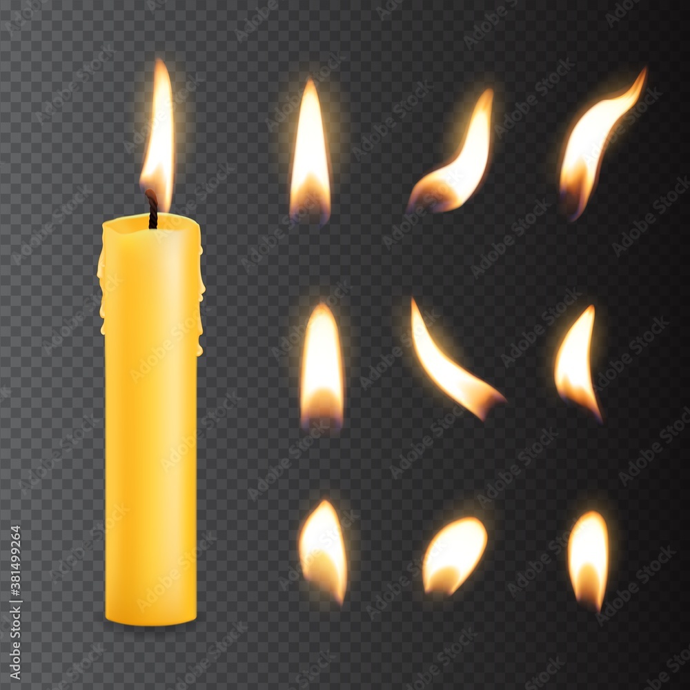 Candle with fire flame lights realistic isolated vector set. Burning church or party candle of yellow wax and wick with glowing flares for animation and motion design. Birthday, romantic date, holiday