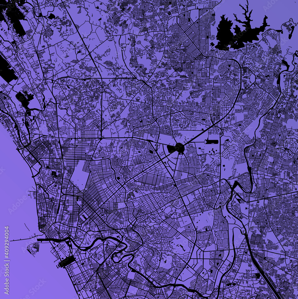 Quezon City, Metropolitan Manila, Philippines (PHL) - Urban vector megacity map with parks, rail and roads, highways, minimalist town plan design poster, city center, downtown, transit network