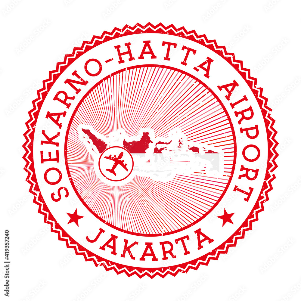 Soekarno-Hatta Airport Jakarta stamp. Airport logo vector illustration. Jakarta aeroport with country flag.