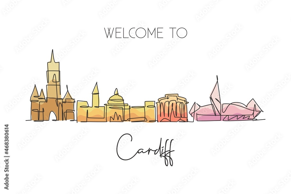 One continuous line drawing of Cardiff city skyline, Wales. Beautiful landmark. World landscape tourism travel vacation wall decor poster print art. Stylish single line draw design vector illustration