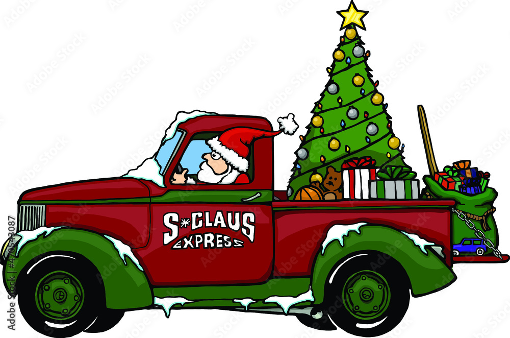 cartoon christmas truck with santa and christmas tree