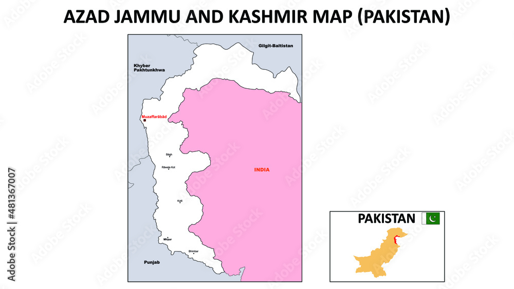 Azad Jammu and Kashmir map. Political map of Azad Jammu and Kashmir. Azad Jammu and Kashmir Map of Pakistan with white color.