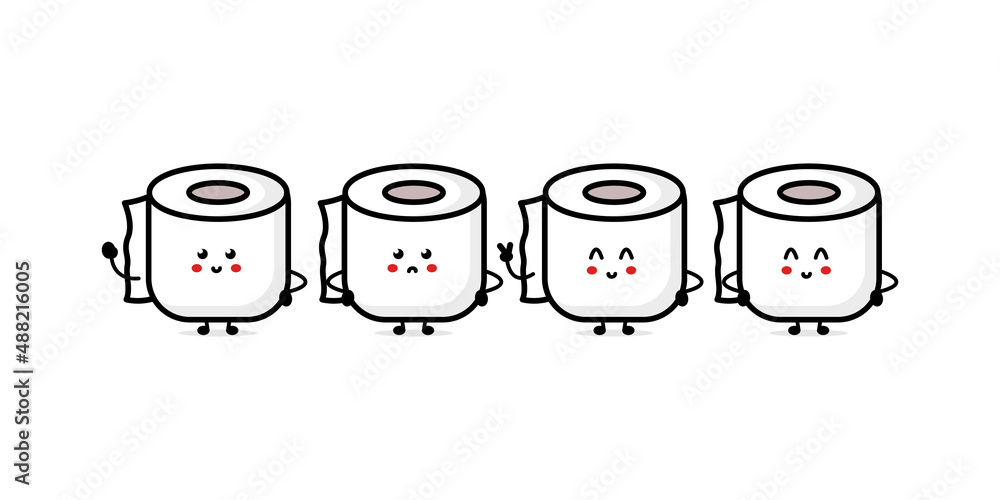 Cute funny happy poop and toilet paper friends. Vector hand drawn cartoon character illustration icon. Funny cartoon poop and toilet mascot character concept